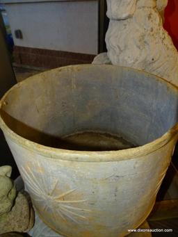 METAL OUTDOOR ROUND SUN MOTIF PLANTER; VERY THICK AND HEAVY, HAS 4 SUN SHAPED MOLDED MEDALLIONS ON