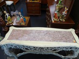 WHITE CARVED SOFA TABLE WITH MARBLE INLAY TOP; BOWED EDGE TOP SURFACE WITH A MAUVE COLORED