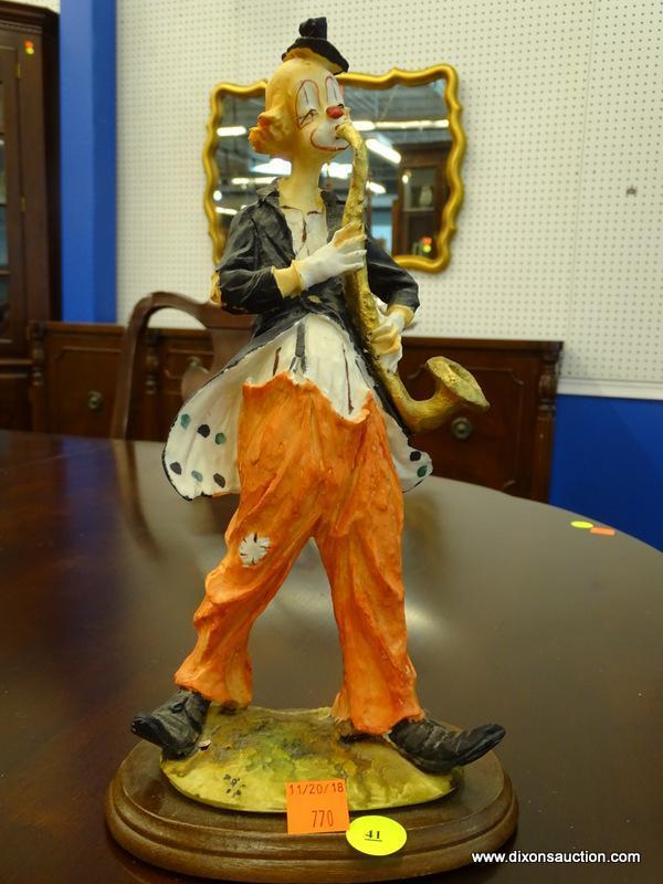 COLLECTIBLE CLOWN FIGURINE BY INTERPUR; VINTAGE LOOK HOBO CLOWN PLAYING A SAXOPHONE, MOUNTED ON AN