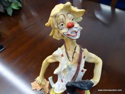 COLLECTIBLE CLOWN FIGURINE BY INTERPUR; VINTAGE LOOK HOBO CLOWN CLUTCHING A HAT AND A LONG UMBRELLA,