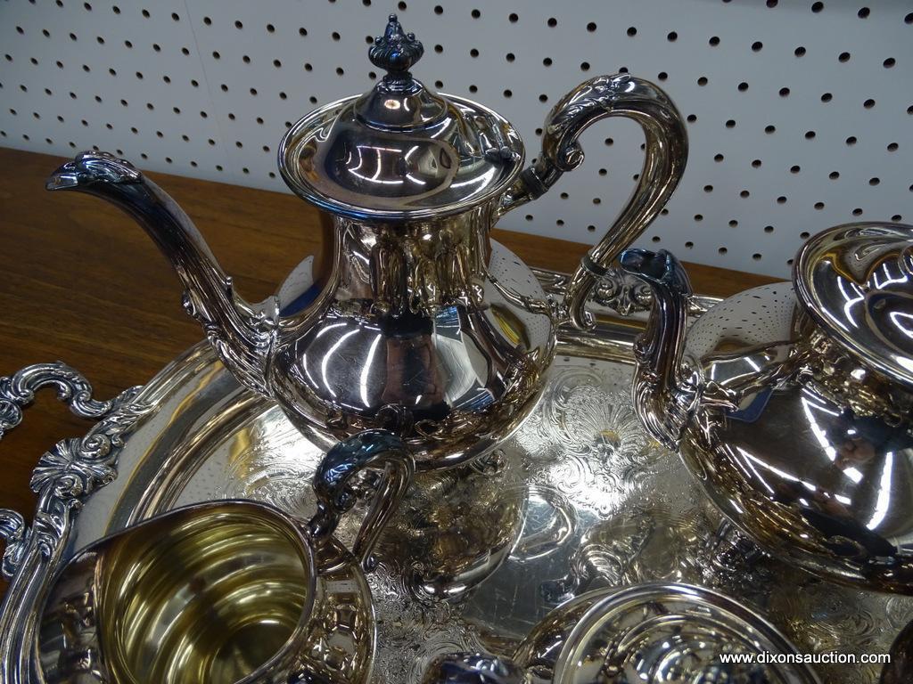 REED AND BARTON SILVER-PLATE HOLLOWWARE TEA SET; "REGENT" PATTERN (#5605). SET INCLUDES LARGE COFFEE