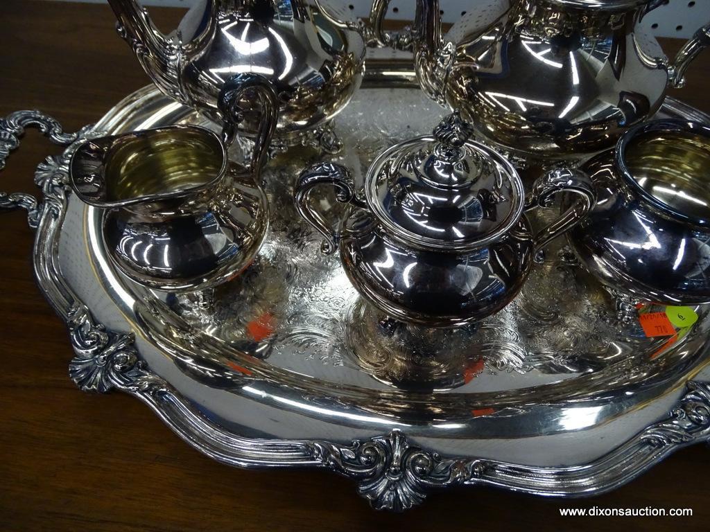 REED AND BARTON SILVER-PLATE HOLLOWWARE TEA SET; "REGENT" PATTERN (#5605). SET INCLUDES LARGE COFFEE