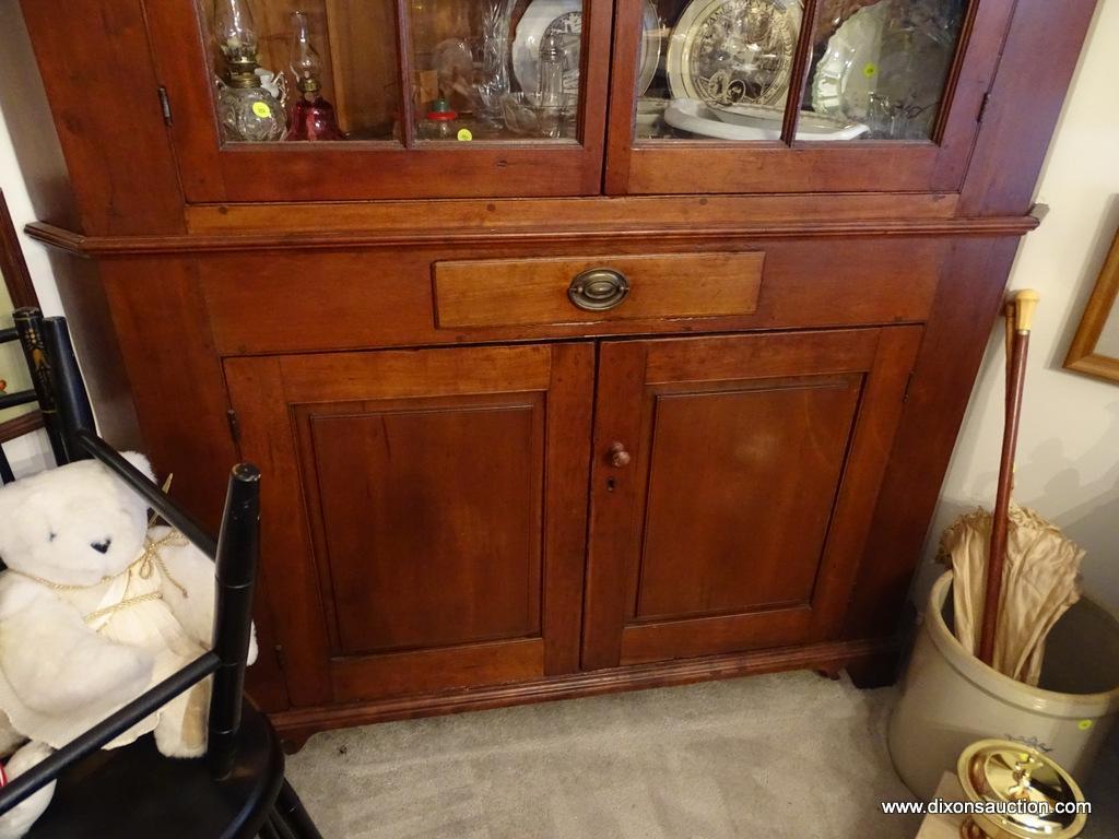 (DINING RM) 18TH/19TH CEN. CHERRY CORNER CABINET- 2 8 PANED DOORS WITH ORIGINAL WAVY GLASS- PEGGED