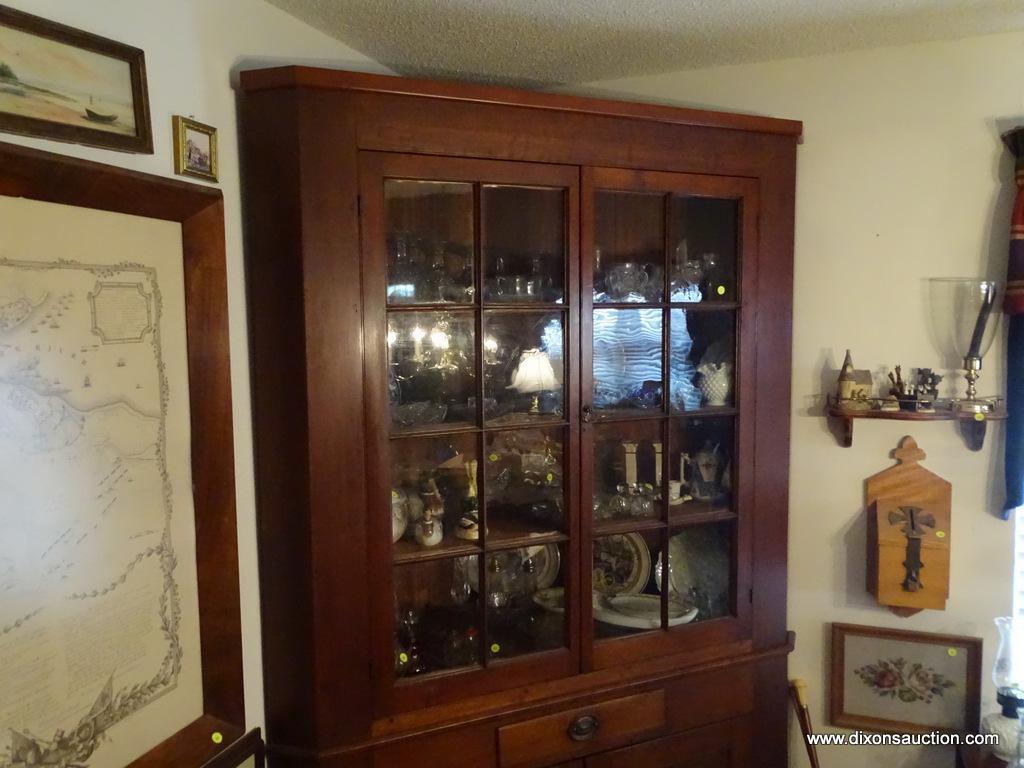 (DINING RM) 18TH/19TH CEN. CHERRY CORNER CABINET- 2 8 PANED DOORS WITH ORIGINAL WAVY GLASS- PEGGED