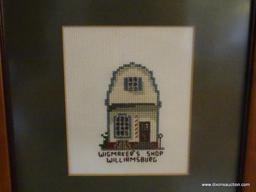 (ENTRANCE HALL) 3 CROSS STITCH WILLIAMSBURG HOMES IN MAPLE FRAME-9.5"W X 21.5"H