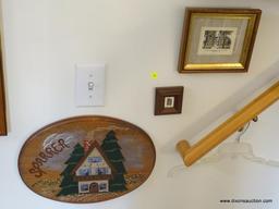 (ENTRANCE HALL) 3 PICTURES- PAINTED ON WOOD OF HOUSE-15"W, MINIATURE PRINT OF VICTORIAN HOUSE BY