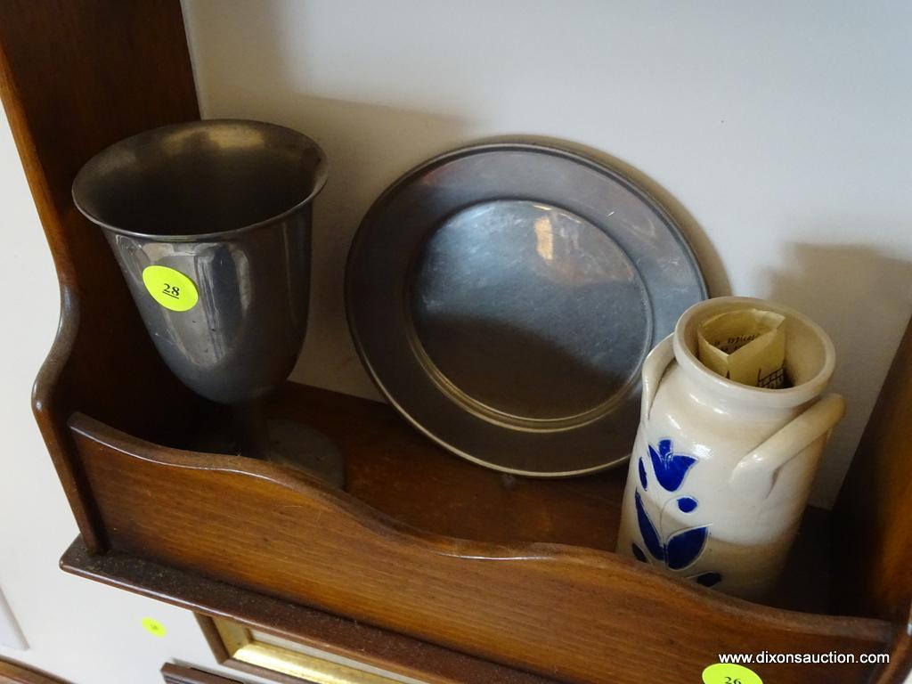 (ENTRANCE HALL) SALT GLAZE MINIATURE COBALT BLUE CROCK MADE AT KILN IN LIGHTFOOT, VA.., PEWTER PLATE