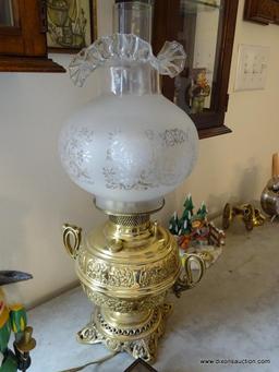 (LRM) BRASS VICTORIAN PARLOR OIL LAMP( PATENT DATE-1887) CONVERTED TO ELECTRIC- HIGHLY POLISHED WITH