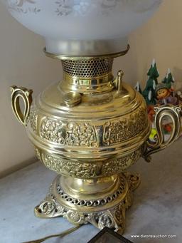 (LRM) BRASS VICTORIAN PARLOR OIL LAMP( PATENT DATE-1887) CONVERTED TO ELECTRIC- HIGHLY POLISHED WITH