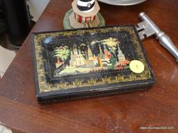 (ENTRANCE HALLWAY) CONTENTS ON TOP OF CHEST-RUSSIAN BLACK LACQUERED TRINKET BOX, SHIRLEY PEWTER KEY,