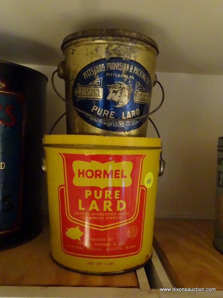 (KIT) 2 ANTIQUE LARD TINS- CRESCENT BRAND, PITTSBURG PACKING- 5"H AND HORMEL- 6.5"H