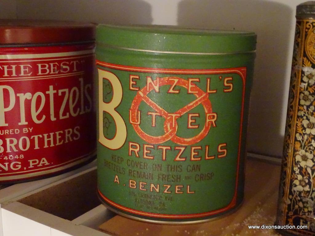 (KIT) 2 ANTIQUE PRETZEL TINS- BENZAL'S - 7"H AND STURGIS- 10" DIA. X 7"H