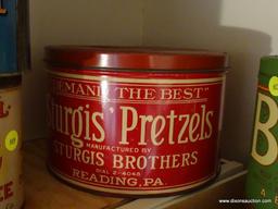 (KIT) 2 ANTIQUE PRETZEL TINS- BENZAL'S - 7"H AND STURGIS- 10" DIA. X 7"H