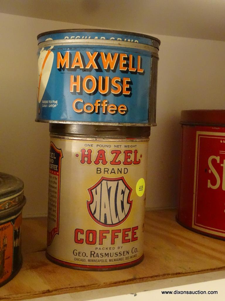 (KIT) 2 ANTIQUE COFFEE TINS- 4"H MAXWELL HOUSE AND 6"H HAZEL BRAND