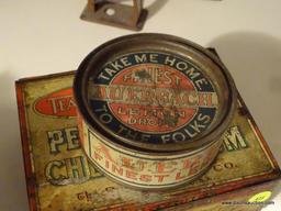 (KIT) 2 ANTIQUE ADVERTISING TINS- AUERBACH LEMON DROP- 4.5"H AND TEABERRY PEPSIN CHEWING GUM- 7"W X