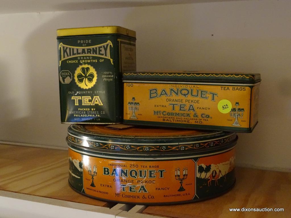 (KIT) 3 ANTIQUE ADVERTISING TEA TINS-BANQUET ROUND-10" DIA., BANQUET RECTANGULAR- 7"W X 4"L X 4"H,