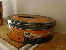 (KIT) 3 ANTIQUE ADVERTISING TEA TINS-BANQUET ROUND-10" DIA., BANQUET RECTANGULAR- 7"W X 4"L X 4"H,