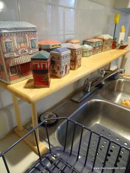 (KIT) MAPLE SHELF AND CONTENTS- 10 COLLECTIBLE HOUSE CANDY TINS AND A WOODEN TULIP AND CANDLE-