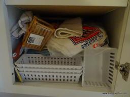 (KIT) CABINET LOT- TO INCLUDE, DISH CLOTHS, PLATE HOLDERS, 2 SERVING TRAYS, BASKETS AND DRAWER