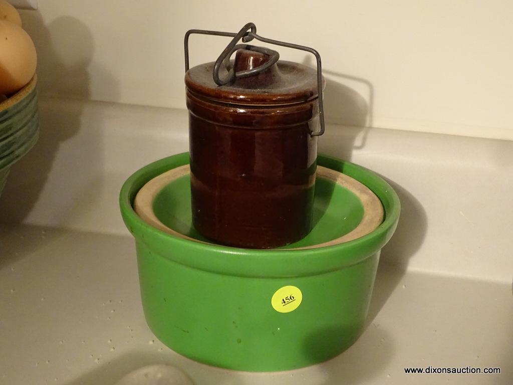 (KIT) 2 VINTAGE STONEWARE ITEMS- GREEN GLAZED 7" LIDDED DISH AND 4" H BROWN GLAZED CHEESE CROCK