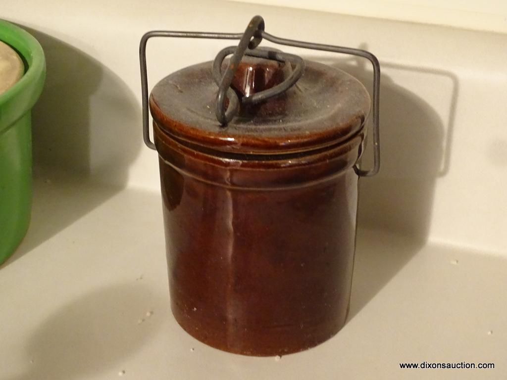 (KIT) 2 VINTAGE STONEWARE ITEMS- GREEN GLAZED 7" LIDDED DISH AND 4" H BROWN GLAZED CHEESE CROCK