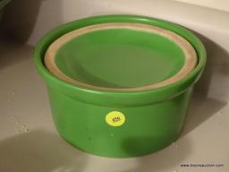 (KIT) 2 VINTAGE STONEWARE ITEMS- GREEN GLAZED 7" LIDDED DISH AND 4" H BROWN GLAZED CHEESE CROCK