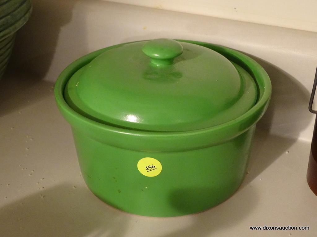 (KIT) 2 VINTAGE STONEWARE ITEMS- GREEN GLAZED 7" LIDDED DISH AND 4" H BROWN GLAZED CHEESE CROCK