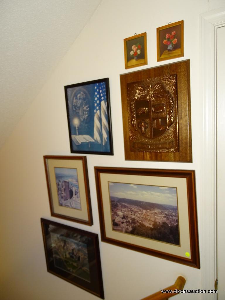 (UHAL) FRAMED ITEM LOT: 3 AERIAL PHOTOS OF PITTSBURGH, 2 FLORAL STILL LIFE PRINTS AND A RELIGIOUS