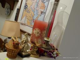 (UHAL) ASSORTED LOT: CANDLESTICK HOLDER WITH CANDLE AND HURRICANE SHADE, WICKER RABBIT ON NEST,