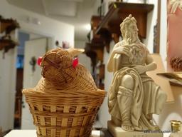 (UHAL) ASSORTED LOT: CANDLESTICK HOLDER WITH CANDLE AND HURRICANE SHADE, WICKER RABBIT ON NEST,