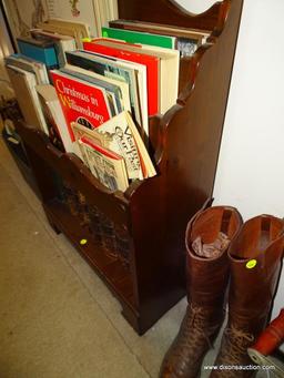 (UHAL) MAHOGANY MAGAZINE STAND WITH LOWER BOOKSHELF: 24 IN X 10 IN X 30 IN