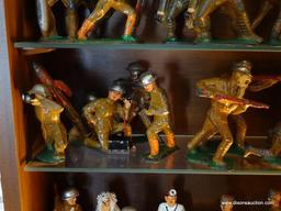 (TOY) SHELF LOT OF 22 PAINTED ANTIQUE WWI SOLDIERS MOST 3"H- 1 LAUNCHING A MISSILE, 1 KNEELING WITH
