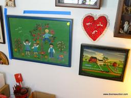 (TOY) WALL LOT- 2 FRAMED PICTURES AND 2 HANGING ITEMS- FRAMED NEEDLEWORK OF CHILDREN IN BLUE FRAME-