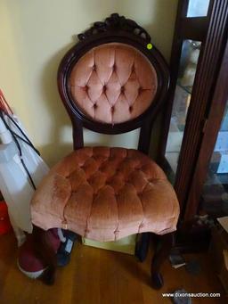 (LR) ONE OF A PAIR OF VICTORIAN STYLE SIDE CHAIRS- ROSE CARVING- GOLD BUTTON TUFTED VELVET