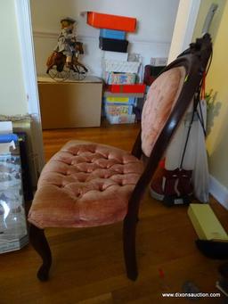 (LR) ONE OF A PAIR OF VICTORIAN STYLE SIDE CHAIRS- ROSE CARVING- GOLD BUTTON TUFTED VELVET