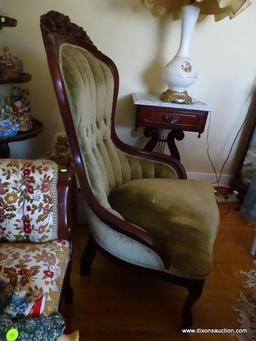 (LR) MAHOGANY VICTORIAN STYLE ROSE CARVED LADIES CHAIR- GREEN BUTTON TUFTED VELVET UPHOLSTERY IN