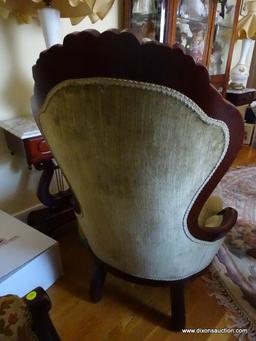 (LR) MAHOGANY VICTORIAN STYLE ROSE CARVED LADIES CHAIR- GREEN BUTTON TUFTED VELVET UPHOLSTERY IN