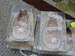 BABY SHOE ORNAMENTS; IN ORIGINAL BOX, MADE BY SILVESTRI, THESE ARE "A GILDED LIFE" BABY SHOE