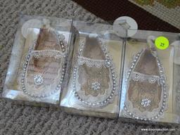 BABY SHOE ORNAMENTS; IN ORIGINAL BOX, MADE BY SILVESTRI, THESE ARE "A GILDED LIFE" BABY SHOE