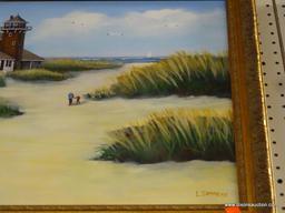 FRAMED LIGHTHOUSE OIL ON CANVAS; OIL ON CANVAS DEPICTING A LIGHTHOUSE WITH SAND AND GRASS IN THE