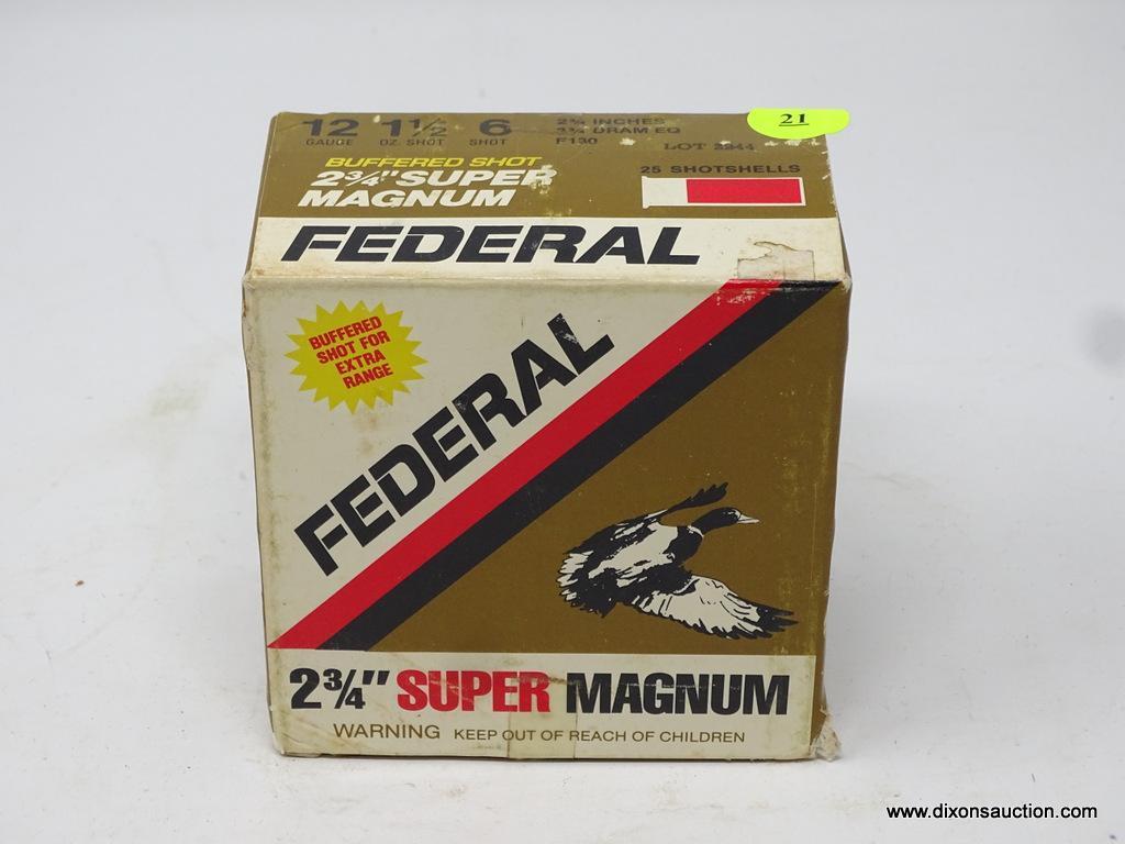 12 GAUGE AMMO; FEDERAL BUFFERED SHOT, 2 3/4 IN SUPER MAGNUM. 12 GAUGE, 1 1/2 OZ SHOT, 6 SHOT, 2 3/4