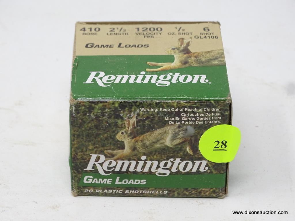 REMINGTON GAME LOADS; 410 BORE, 2 1/2 LENGTH, 1200 VELOCITY FPS, 1/2 OZ SHOT, 6 SHOT, #GL4106. TOTAL