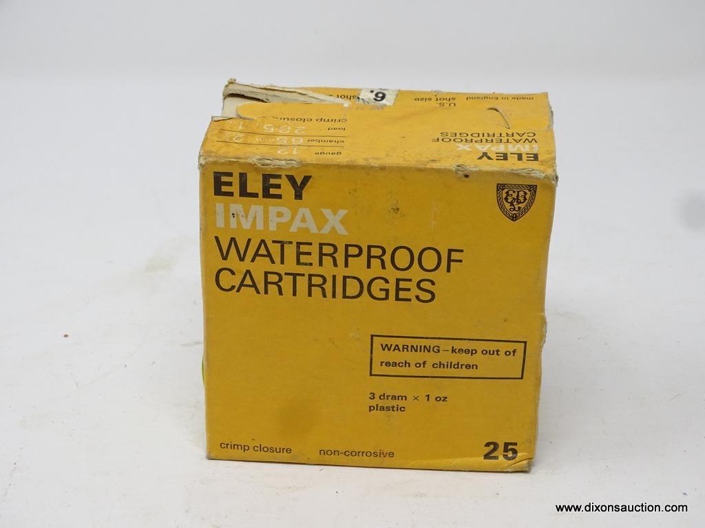 ELEY IMPAX WATERPROOF CARTRIDGES; 3 DRAM X 1 OZ PLASTIC. 12 GAUGE, 65 MM 2 1/2 CHAMBER, 28.5 G, 1