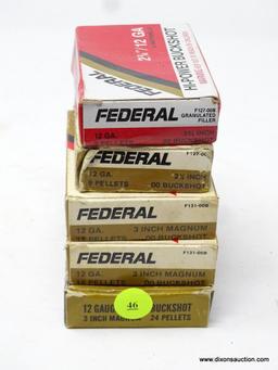 ASSORTED BUCKSHOT AMMO LOT; INCLUDES 5 TOTAL BOXES OF FEDERAL SHOT SHELLS (ALL 12 GAUGE, 2 OF 2 3/4