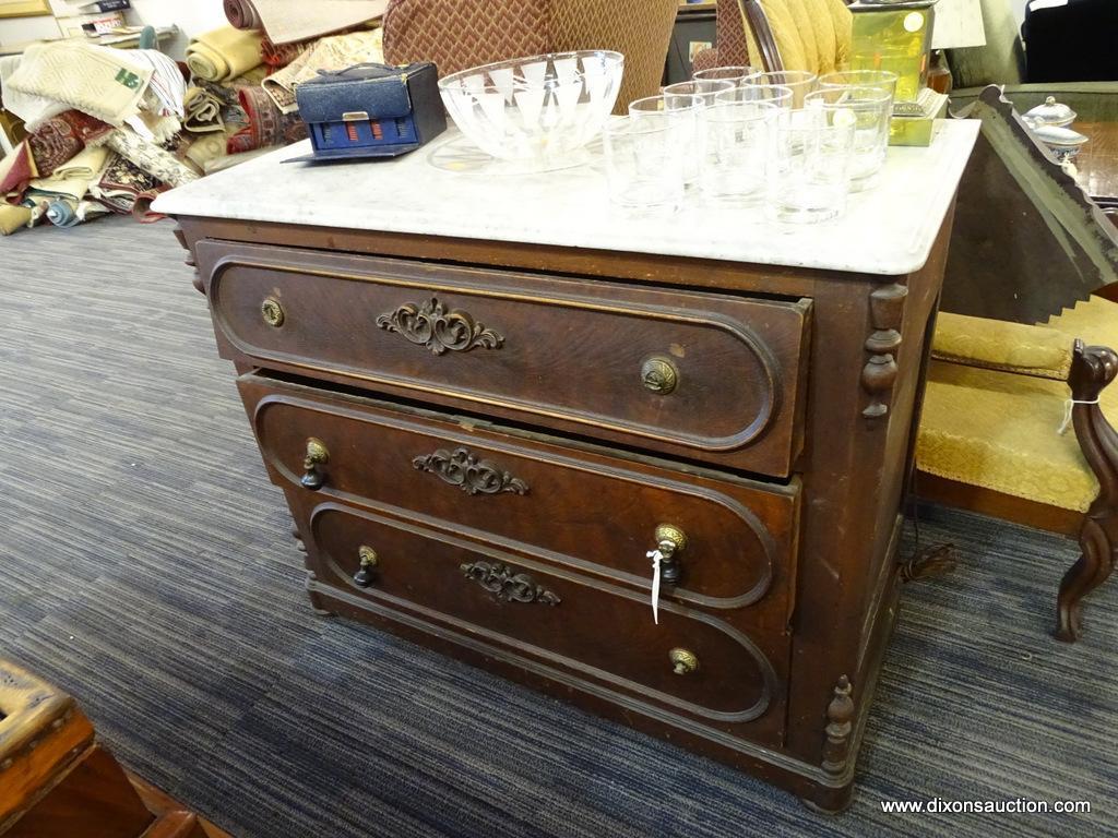 MARBLE TOP 3 DRAWER VICTORIAN WASHSTAND; GORGEOUS SOLID WHITE AND GREY MARBLED TOP SITS ABOVE A 3