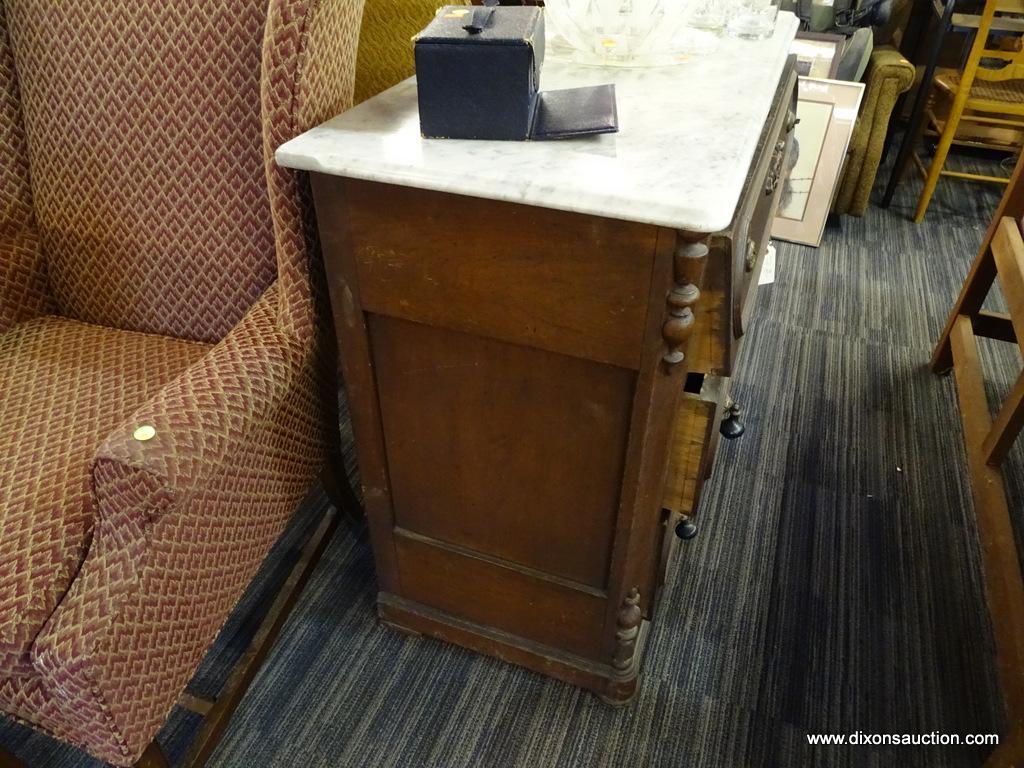 MARBLE TOP 3 DRAWER VICTORIAN WASHSTAND; GORGEOUS SOLID WHITE AND GREY MARBLED TOP SITS ABOVE A 3