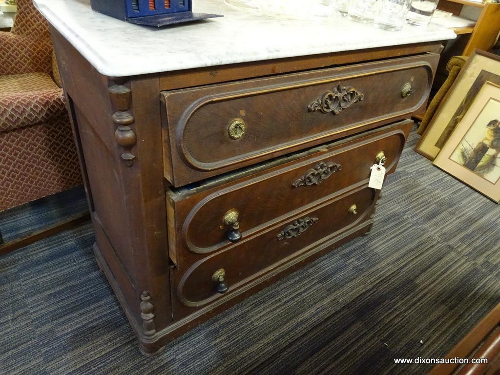 MARBLE TOP 3 DRAWER VICTORIAN WASHSTAND; GORGEOUS SOLID WHITE AND GREY MARBLED TOP SITS ABOVE A 3