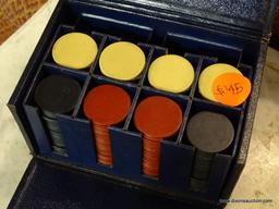 VINTAGE POKER CHIP SET IN CARRYING CASE; RED WHITE AND BLUE CHIPS, APPROXIMATELY 200 COUNT. HOUSED