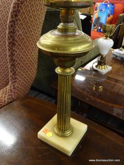 LAMP; FROSTED AND ETCHED GLASS SHADE BRASS BODIED LAMP WITH MARBLE BASE. MEASURES 24 IN TALL. IS IN
