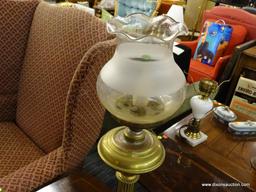 LAMP; FROSTED AND ETCHED GLASS SHADE BRASS BODIED LAMP WITH MARBLE BASE. MEASURES 24 IN TALL. IS IN